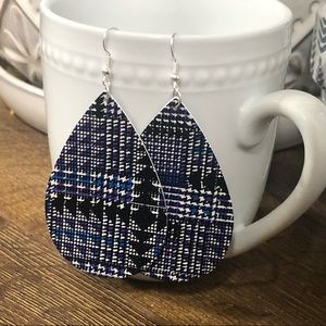 Blue plaid faux leather earrings